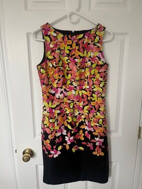Chetta B Black Midi Dress with Pink & Yellow Floral Pattern